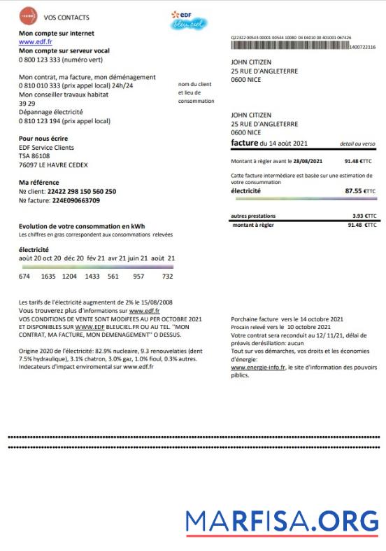 Downloadable France EDF proof of address utility bill template in Word and PDF format
